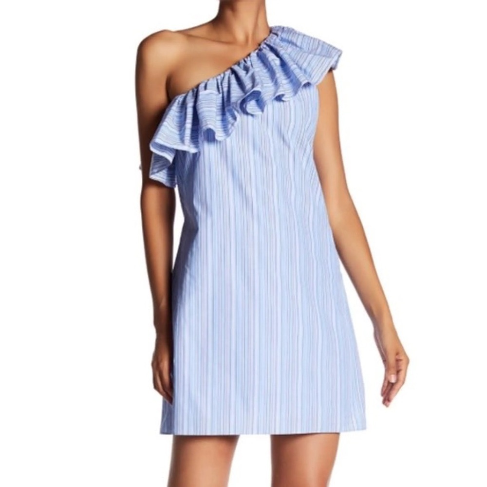 Parker Revolve Blue Stripe One-Shoulder Ruffle Dress | Size S